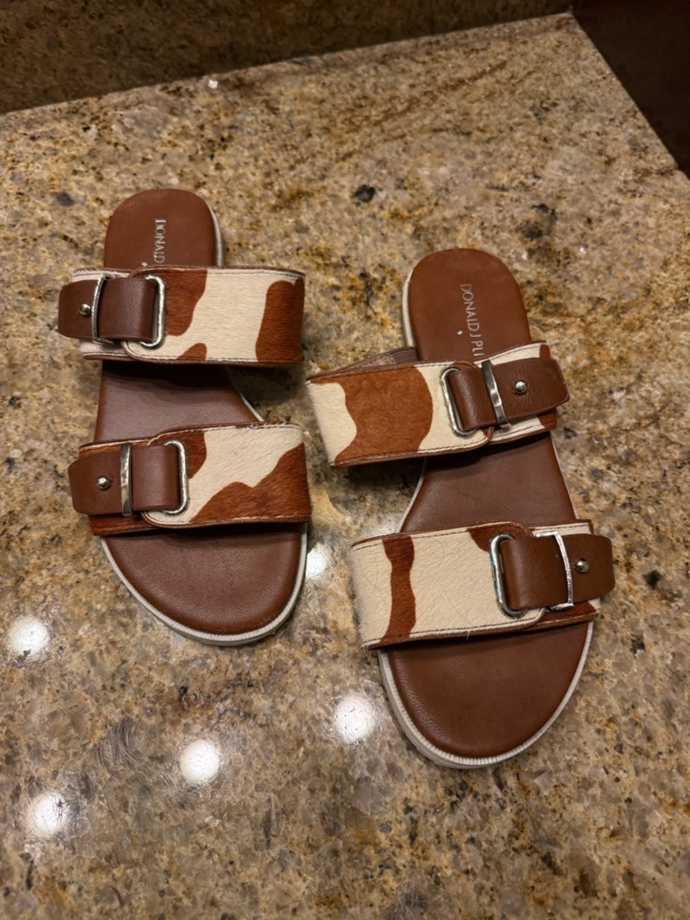 Donald J. Pliner Brown & Cream Cowhide Buckle Slide Sandals